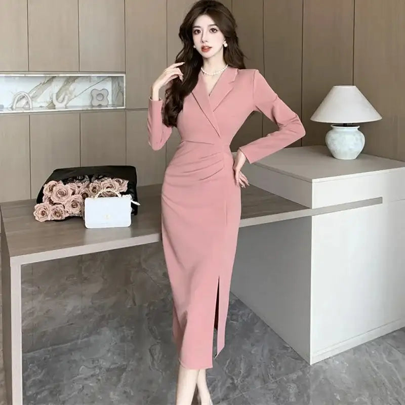 Women Pink Pleated Bodycon Formal Long Dress Autumn Winter Long Sleeve Chic Suit Dress 2025 Korean Fashion Elegant Party Dresses