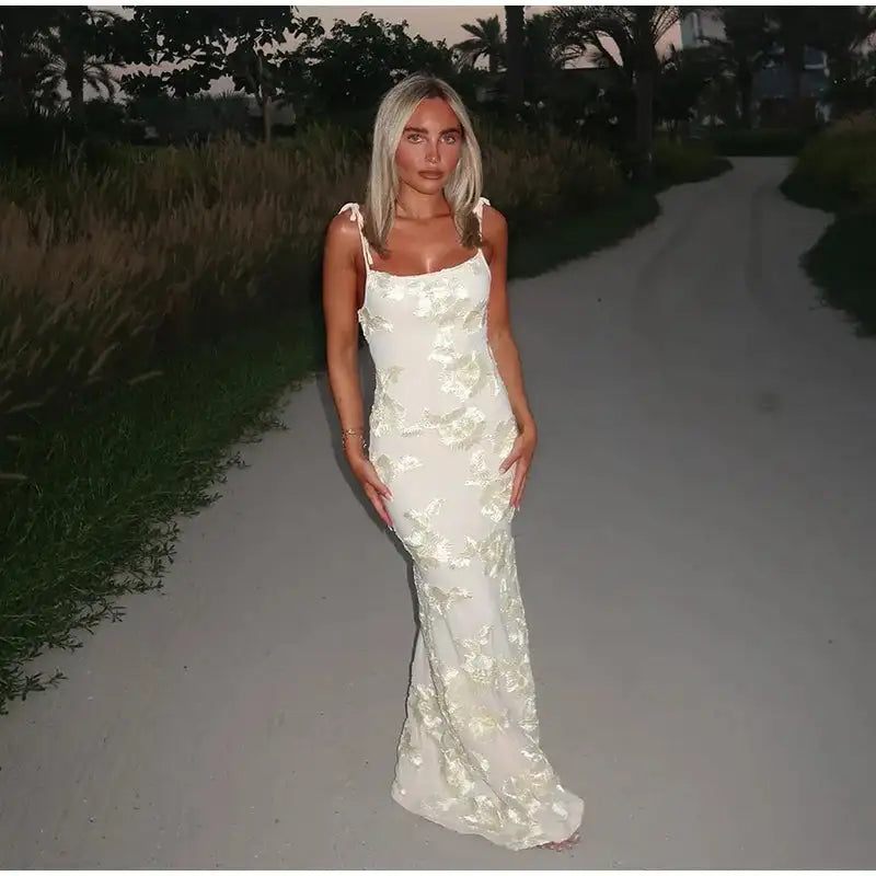 3D Flowers Mesh Patchwork Maxi Dresses Women Sleeveless Embroidered Floral Long Dress Elegant Evening Party Wedding Gowns - Lootquake