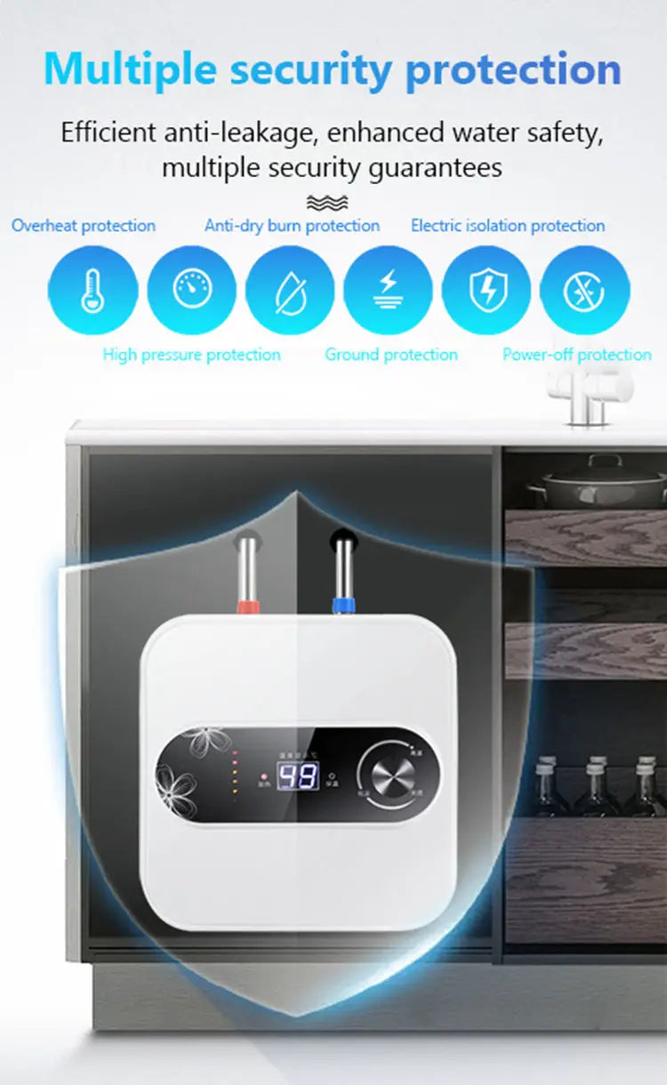 Chauffe-eau électrique instantané à stockage d'eau de 8 L, isolation thermique rapide, affichage numérique, bouton de contrôle du thermostat, entrée d'eau haut/bas