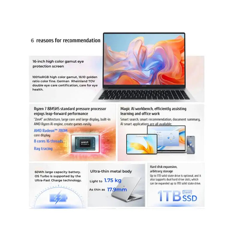 HONOR MagicBook X16 Plus 2024 Laptop AMD Ryzen R7 8845HS 16GB 32GB 512GB 1TB 16" Inch 60Hz/120Hz Notebook Ultrabook Computer PC - Lootquake