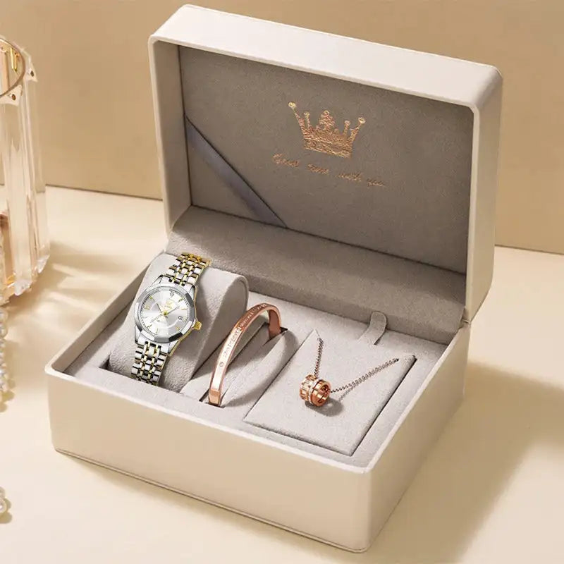 OLEVS Original Brand Elegant Women's Watches Waterproof Luminous Quartz Watch for Lady Necklace Bracelet Gift Box Set Calendar - Lootquake