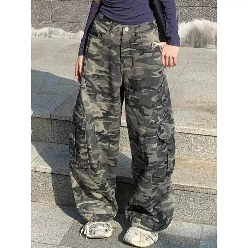 Autumn Winter New Low Rise Jeans Y2k Ladies American High Street Baggy Pants Woman Camouflage Drawstring Mop Jeans for Women - Lootquake