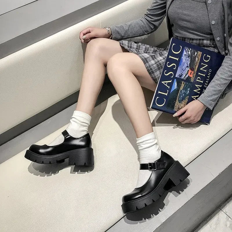 Patent Leather High Heels Mary Jane Shoes Women Japanese Style Ankle Platform Pumps Woman Buckle Jk Uniform Lolita Shoes - Lootquake