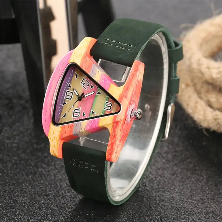 Unique Triangle Women's Wood Watch Creative Colorful Lady Green/ Red Genuine Leather Wristwatch Elegant Womens Watches Top Gifts - Lootquake