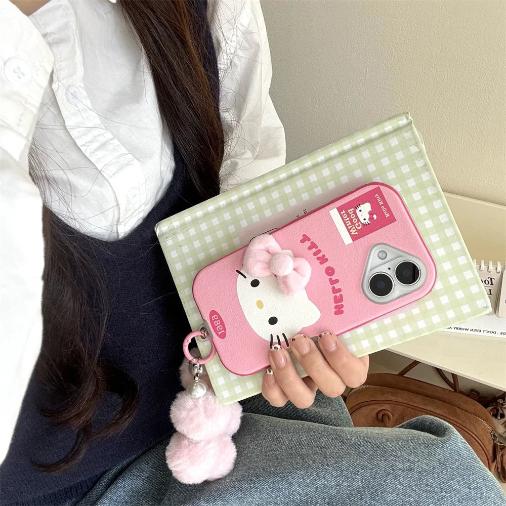 Funda de cuero para teléfono de Hello Kitty con lazo rosa de lujo