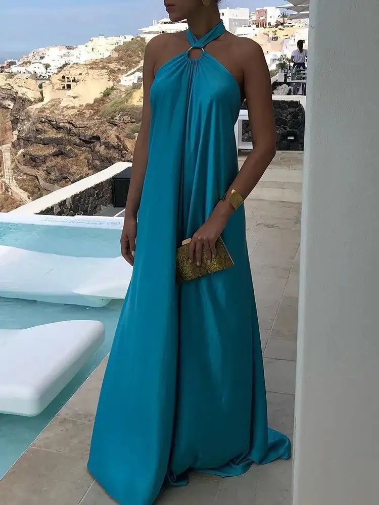 Elegant Women Solid Maxi Beach Dress Sexy Halter Neck Backless Lady Party Dress 2025 Summer Sleeveless Loose Long Dress Vestidos - Lootquake