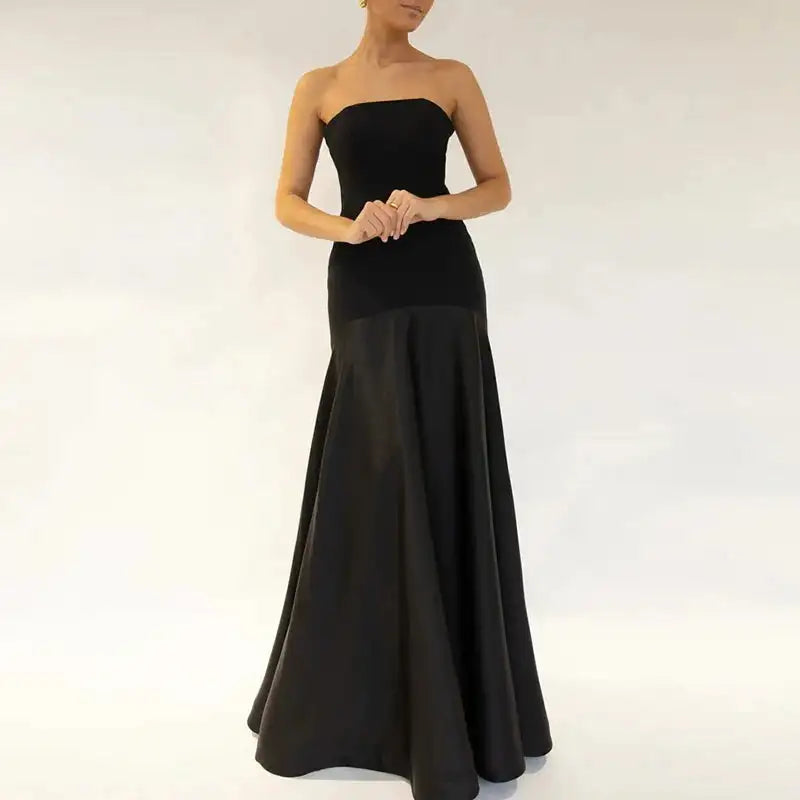 Casual Patchwork Pleated Robe Dresses Ladies Fashion Strapless High Waist Banquet Dress Sexy Hollow Off Shoulder Slim Long Dress - Lootquake