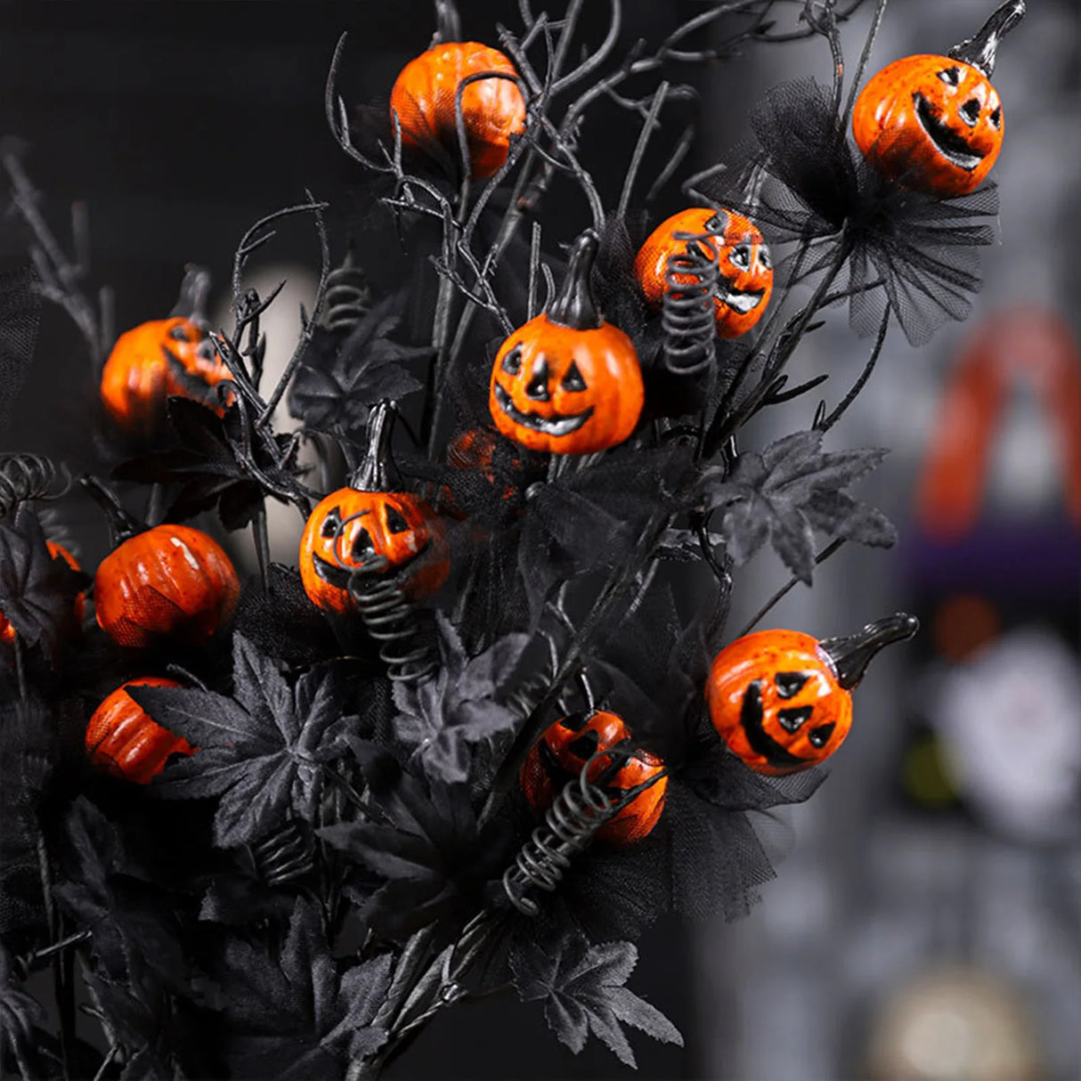 Ramo de flores de Halloween 2025 con cabeza de calabaza aterradora negra para mesa de comedor, chimenea, decoración para fiestas en el hogar