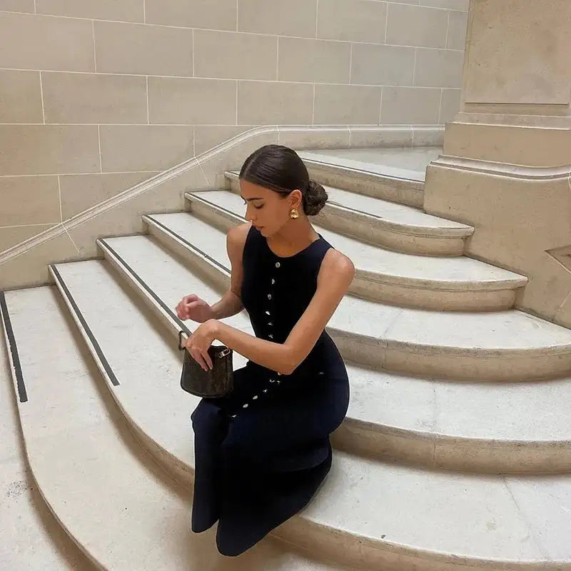 Fashion Knitted Long Dress For Women Elegant Sleeveless Button Maxi Sweater Bodycon Dresses Female Party Fashion Vestidos 2024 N - Lootquake