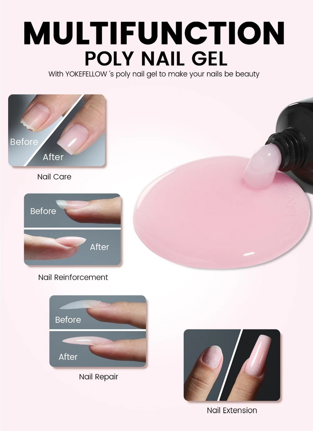 Esmalte de uñas en gel YOKEFELLOW de 15 g, color rosa nude, transparente, para construcción, extensión, remojo, UV LED, acrílico.