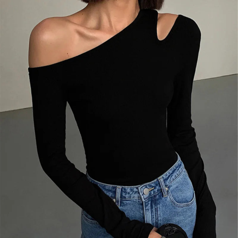 Fashion Skew Collar Off-shoulder Long-sleeved T-shirts Women Spring 2025 New Solid Slim Fit Crop Top Sexy Hollow Out Tees Shirts - Lootquake