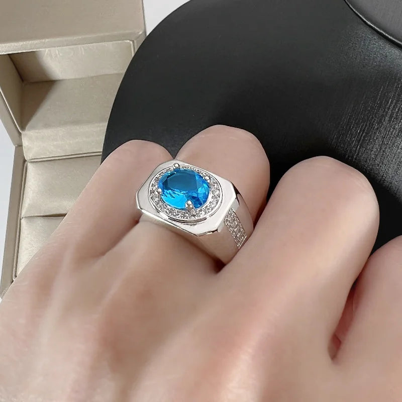 Men Ring Adjustable Top Grade Crystal Oval Ring Silver 925 Male Finger Accessories Boyfriend Engagement Accessories - Lootquake