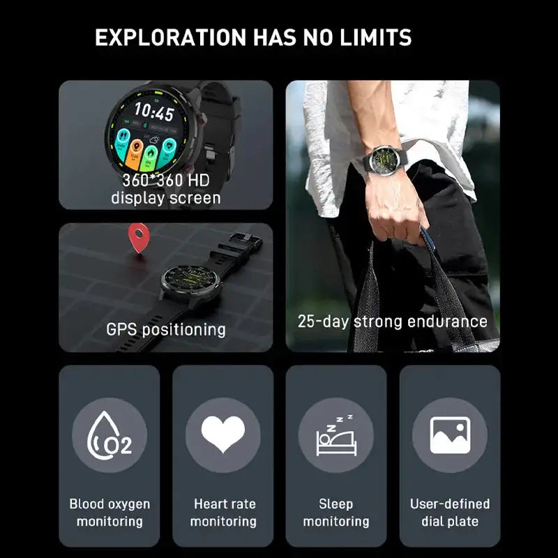 Outdoor Compass GPS Positioning Smartwatch Sports Health Fitness Detection IP68 Waterproof Multi-sport Music Control Smart Watch - Lootquake