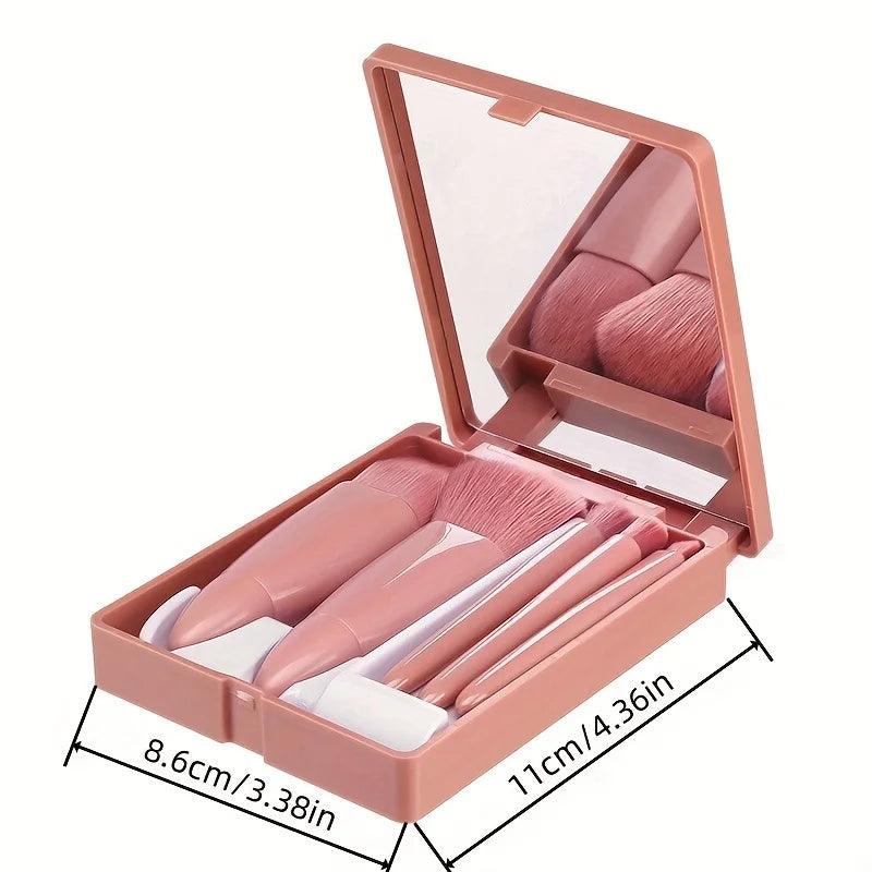 5Pcs Portable Makeup Brush Set With Mirror - Foldable Travel Kit ,Mini Makeup Brush Set Travel Makeup Brush Set
