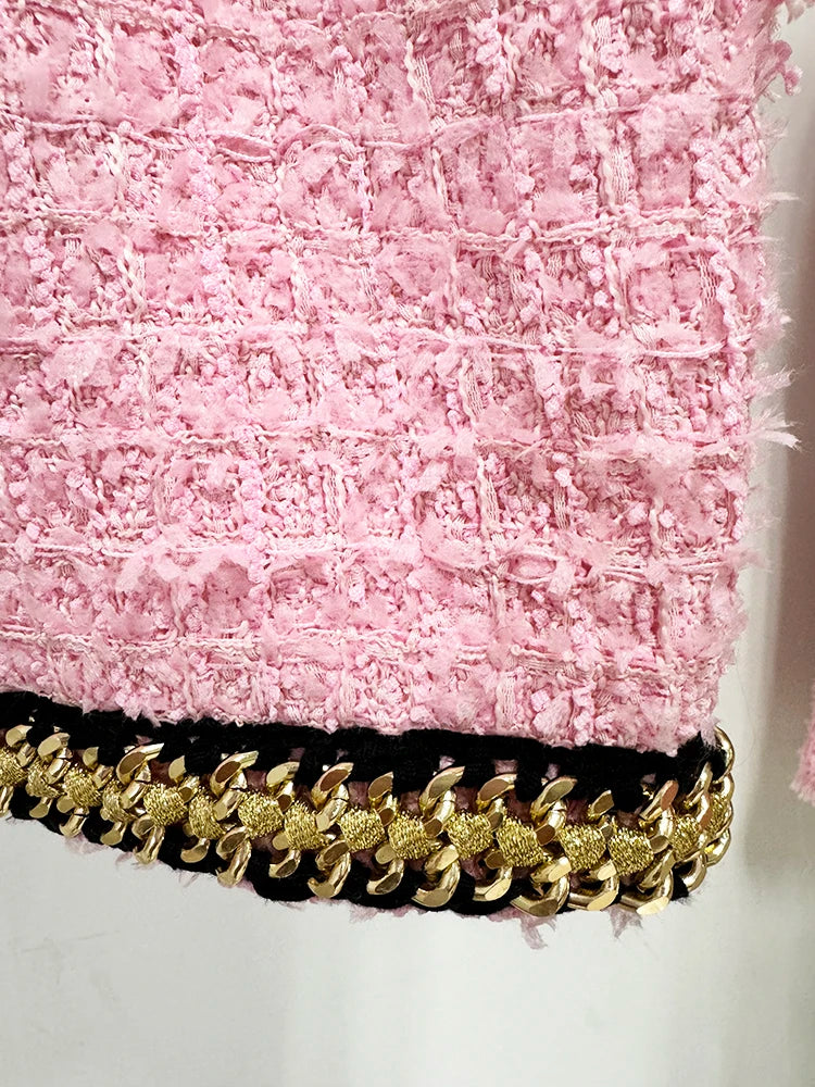 HIGH STREET Newest 2024 Runway Designer Fashion Women's Sleeveless Metal Chains Embellished Tweed Vest Cropped Tank Top - Lootquake