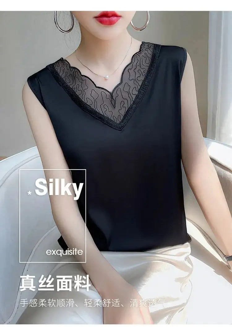 new woman clothing vest camis Tank top women's suit bottom lace lining 2024 summer new silk satin sleeveless top suspender vests - Lootquake