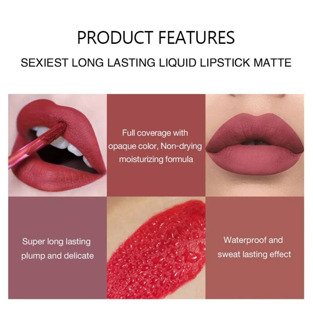 Rouge à lèvres liquide mat velours sexy longue tenue, maquillage pour les lèvres, beauté féminine, rouge, antiadhésif, résistant à l'eau