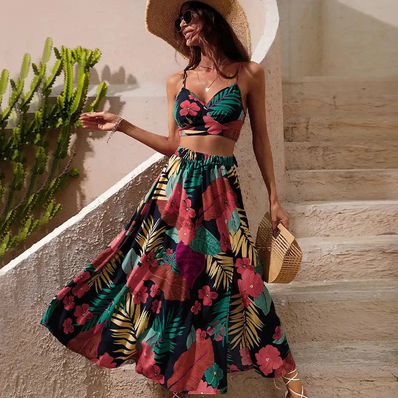 Y2K Bikini Crop Tops Long Dress Sexy Set for Women Summer Fashion Two Pieces Skirt Beach Style Floral Print Midi Sexy Boho Sets - Lootquake