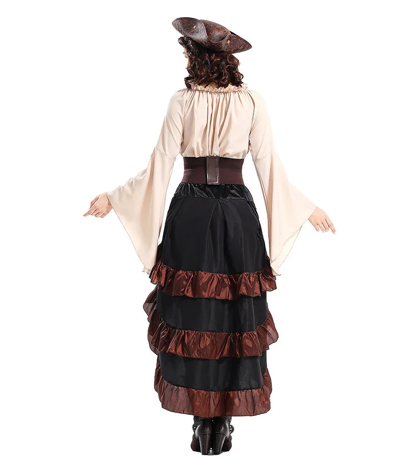 Halloween Womens Cosplay Medieval Pirate Costume Top Corset Skirt Hat Retro Voyager Dress Carnival Play Suit Party Fancy Dress