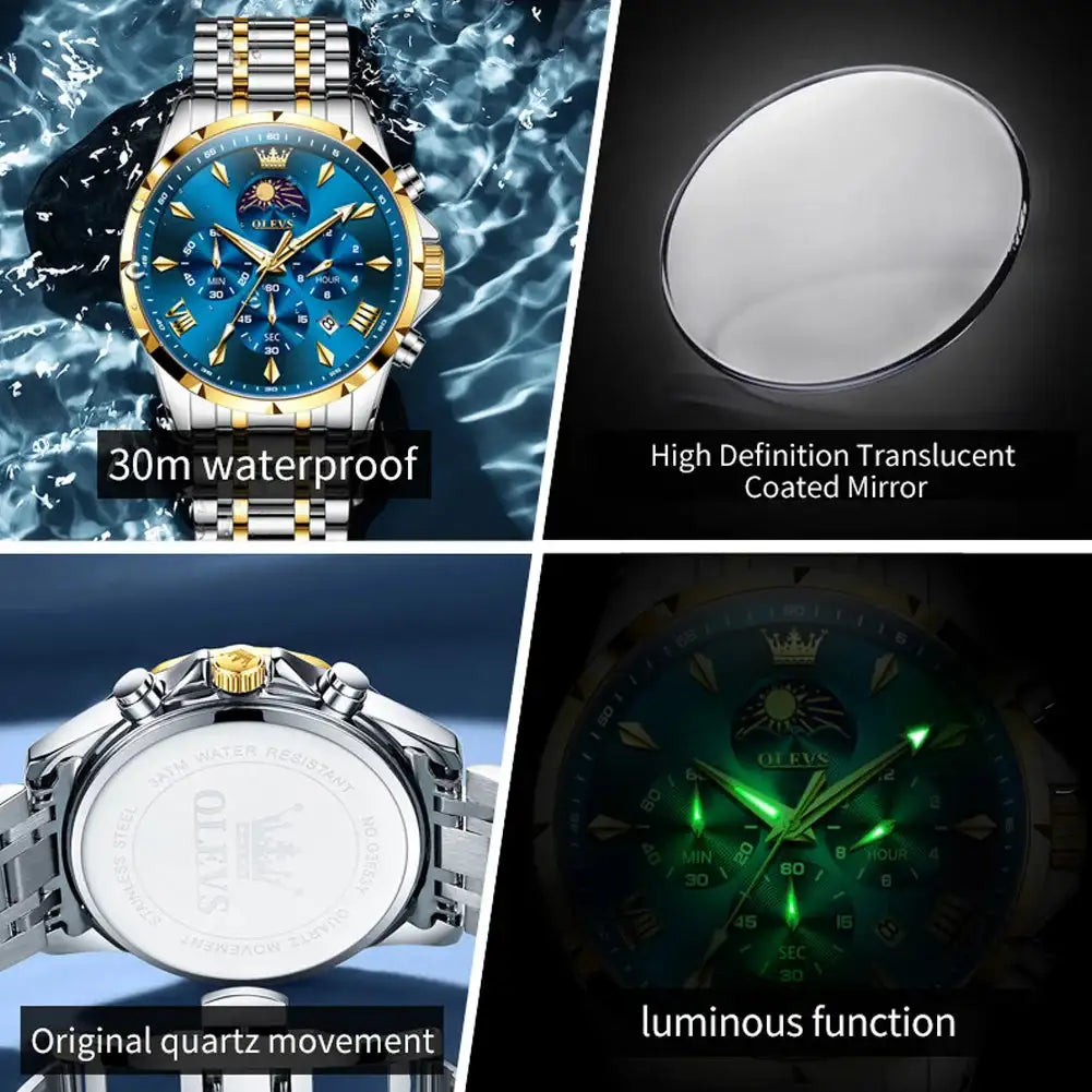 OLEVS 3653 Men Watch Luxury Brand Quartz Watch Multi functional Automatic Date Timer Watch Waterproof Luminous Moonphase Watch - Lootquake
