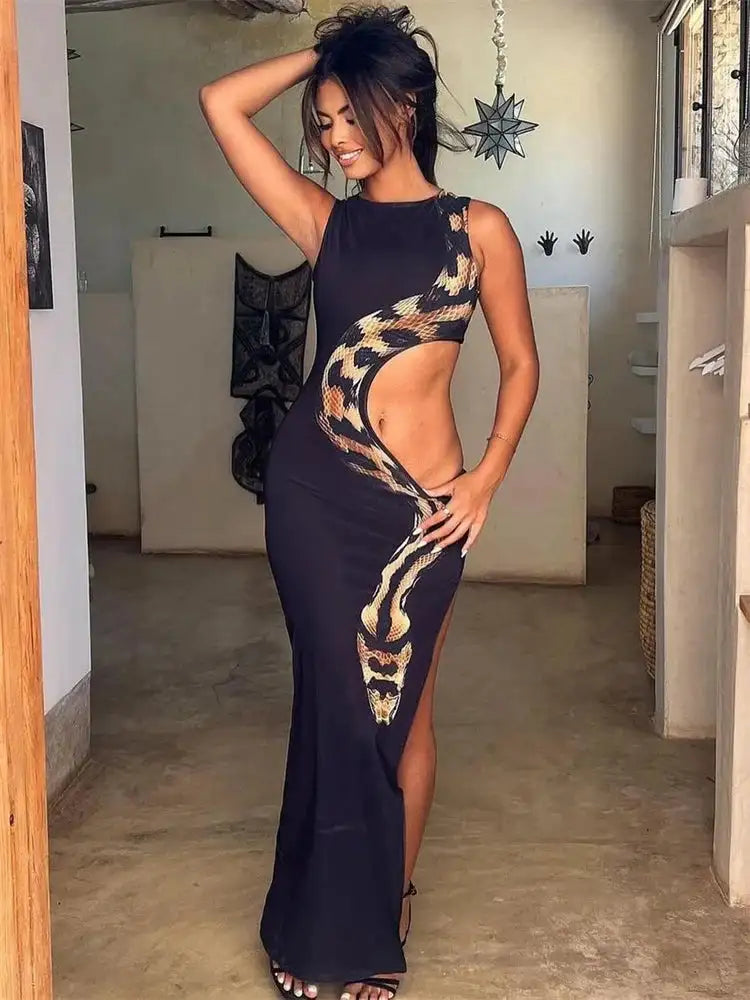 Tossy Python Printed Hollow Out Maxi Dress Female Slim Sexy Side Split Sleeveless Contrast Summer Party Dress Women's Long Dress - Lootquake