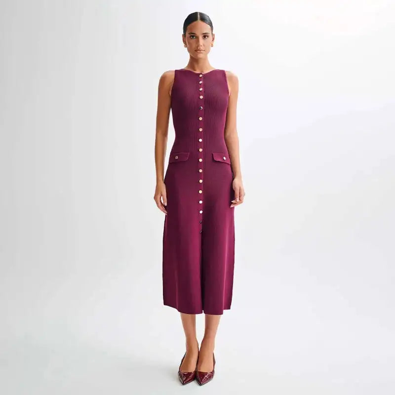 Fashion Knitted Long Dress For Women Elegant Sleeveless Button Maxi Sweater Bodycon Dresses Female Party Fashion Vestidos 2024 N - Lootquake