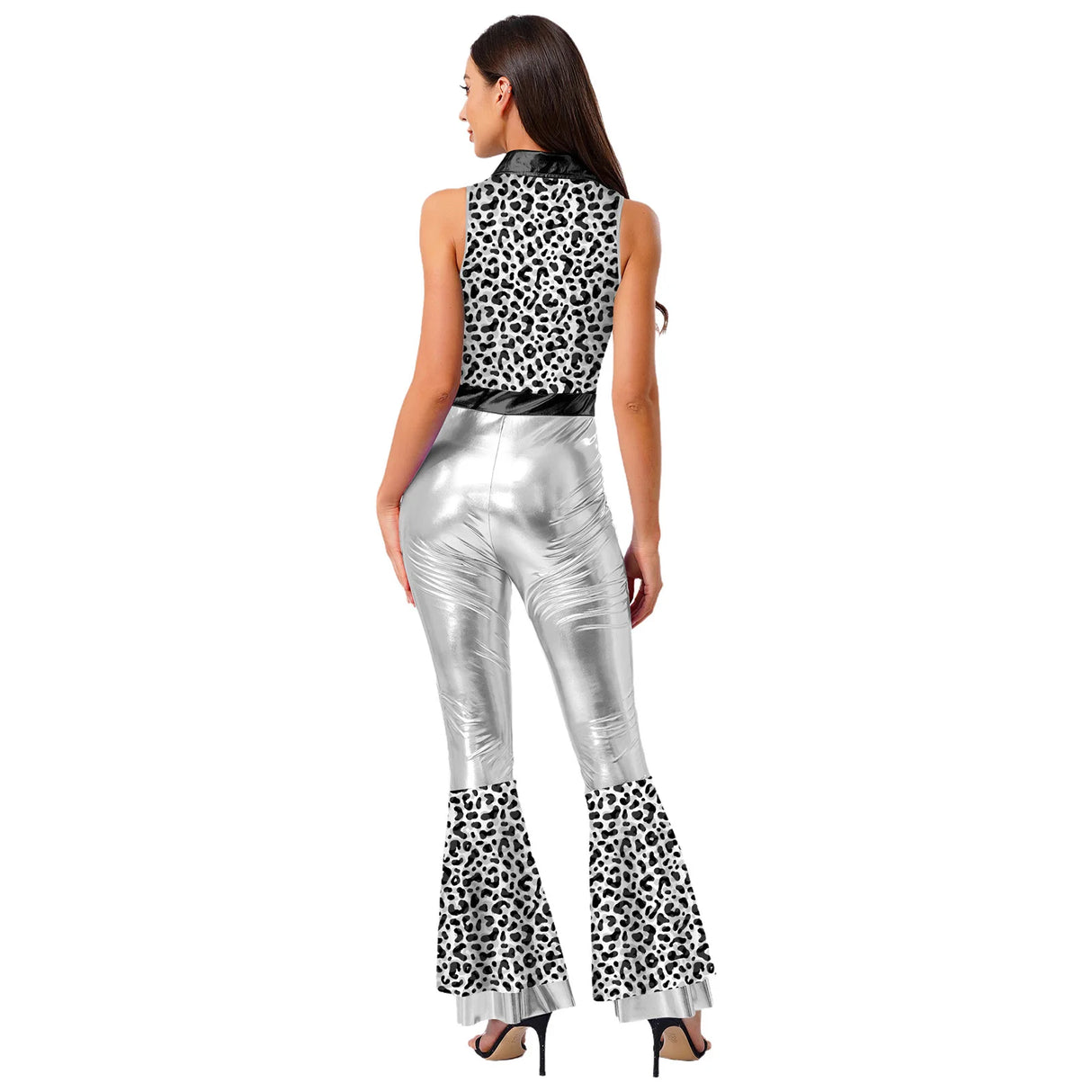 Womens Halloween Retro Hippie Cosplay Costume Party Hip-hop Dance Costume Metallic Shiny Vintage Carnival Bodysuit Jumpsuit