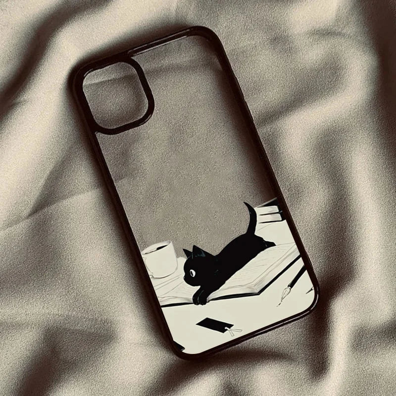 Funda rígida transparente con bonito estampado de gato negro