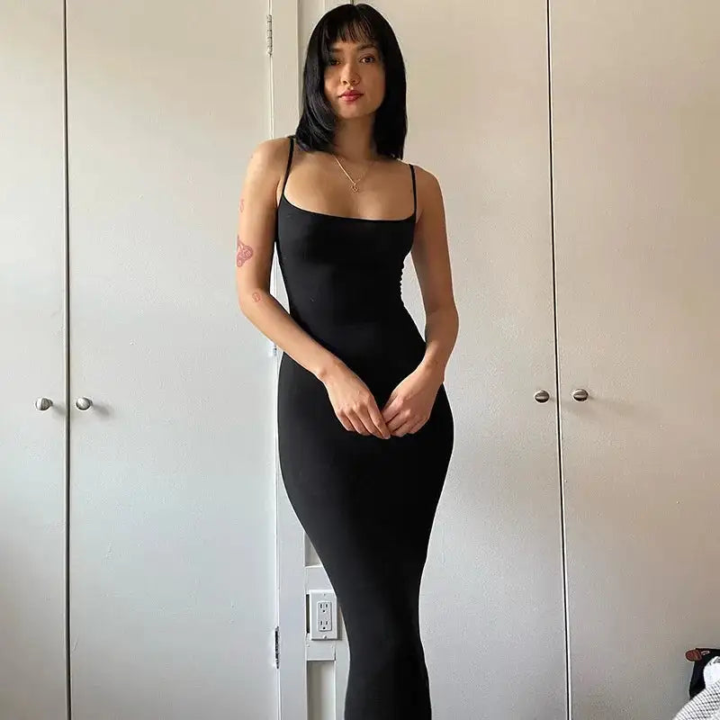 Dresses For Women 2023 Sexy Spaghetti Strap Black Long Dress Evening Y2k Sleeveless Solid Skinny Bodycon Maxi Vestidos - Lootquake