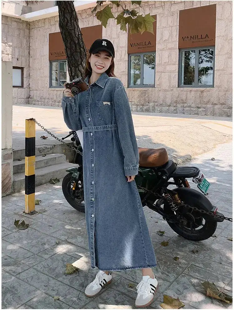Denim Long Dress 2024 New Fashion Spring Autumn Korean Sweet Cargo LOOSE FIT Full Sleeve Girls Dress All-match - Lootquake