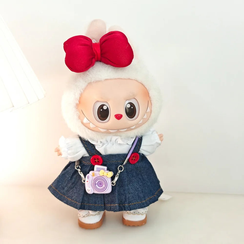 Labubu Doll Clothes & Accessories Denim Skirt With Red Bow Headband Set Trendy Outfits for Labubu Collectibles - Lootquake