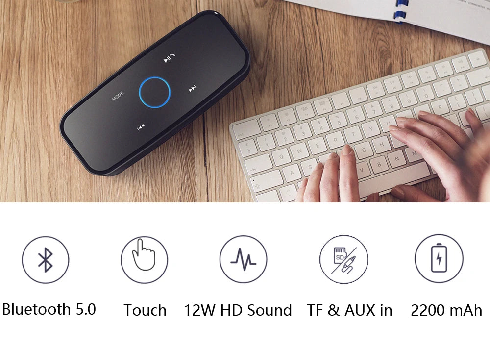 Enceinte Bluetooth sans fil DOSS SoundBox BT 5.0, contrôle tactile, boîte de son musicale portable, son stéréo 12 W, haut-parleurs étanches IPX5