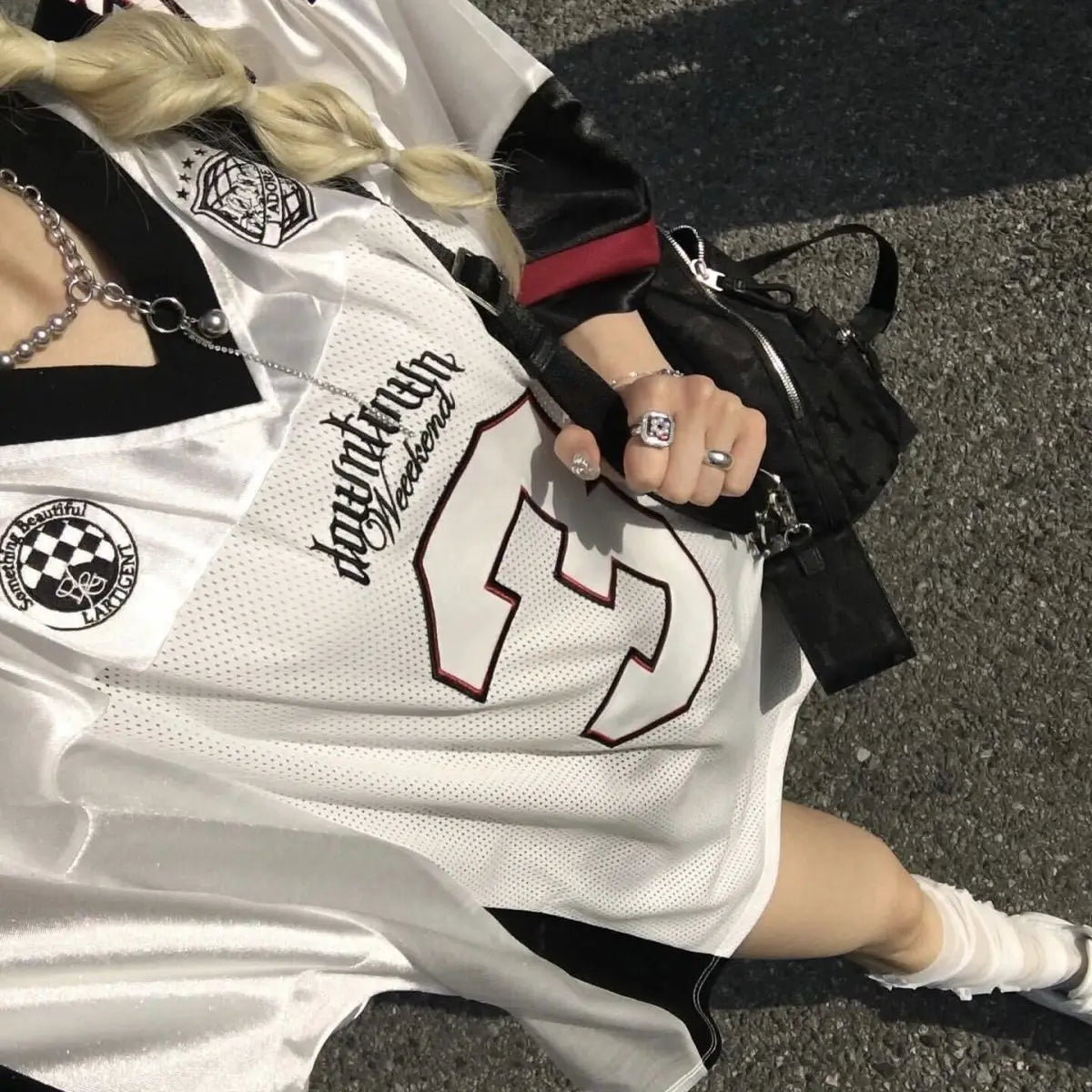 Silver 2024 New Summer Retro Number 3 Jersey for Women Street Contrasting Patchwork Mesh V-neck Oversize Short Sleeved T-shirt - Lootquake