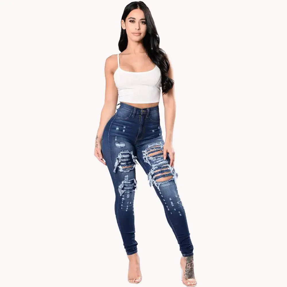 2023 Autumn High Waist Ripped Jeans For Women Fashion Stretch Skinny Denim Pencil Pants Casual Slim Trousers S-3XL - Lootquake