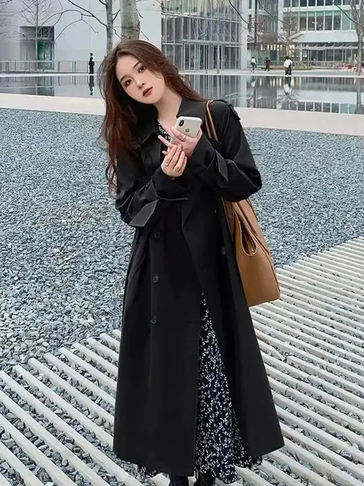 Streetwear Loose Trench Coat Midi Length Fashion Korean Elegant Khaki Black Women's Windbreaker Coat Casual Double Breasted Tops - Lootquake