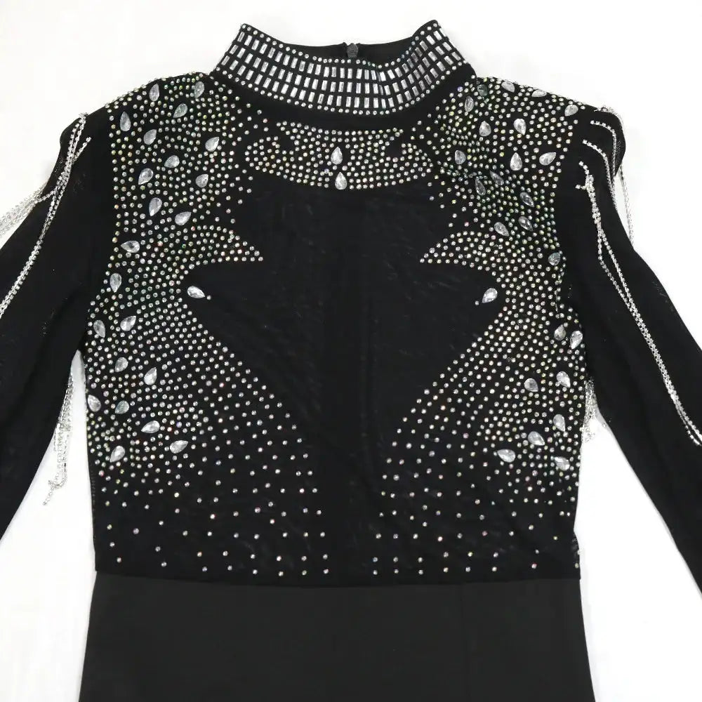 CM.YAYA Women Mesh See Through Long Sleeve Diamonds Hot Rhinestones Mermaid Long Dress Fall Evening Sexy Party Dresses Vestidos