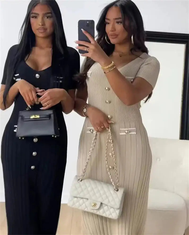 Office Lady Elegant Knitted Long Dress Summer Short Sleelve V Neck Single Breasted Bodycon Dresses Women Party Fashion Vestidos - Lootquake