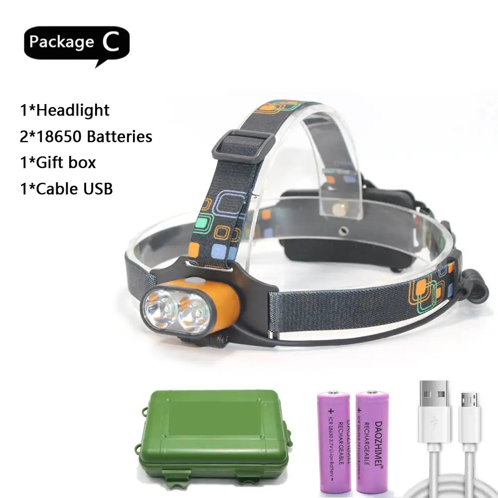 8000 lumen T6 Led lighting 2*T6 USB Hunting Headlamp Fishing Head light headlight Bike lights 3 Modes LED Headlight - Lootquake