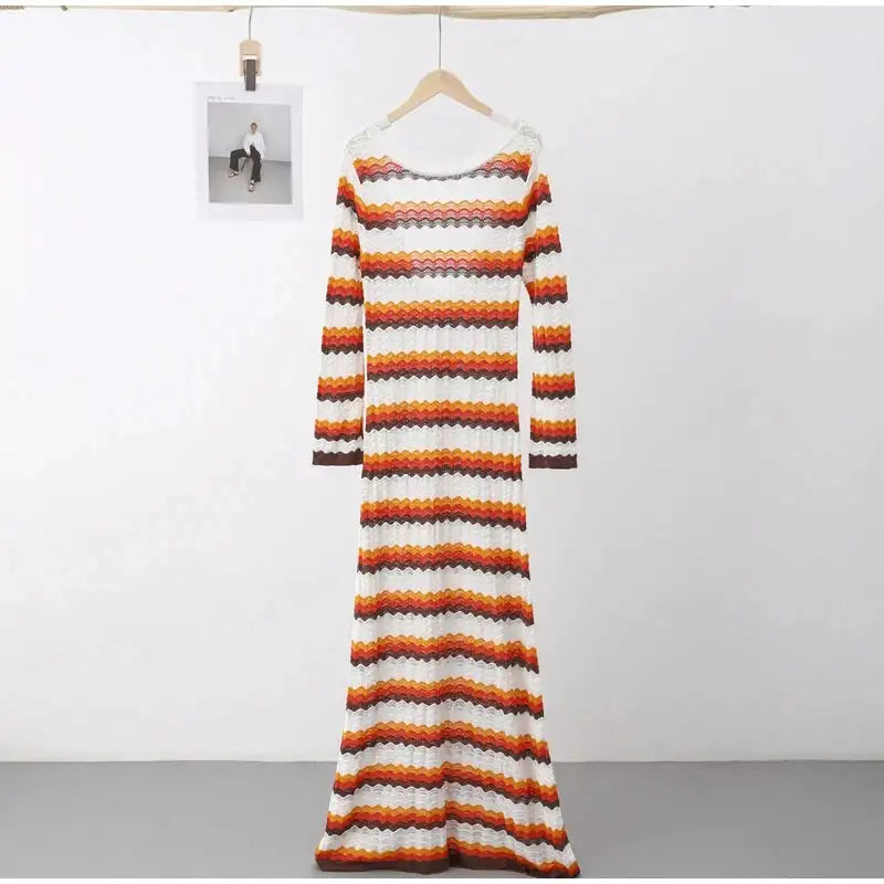 Striped Knitted Long Dress Women O-neck Backless Hollowed Out Long Sleeves Lady Bodycon Dress 2024 Spring Summer Vacation Robe - Lootquake
