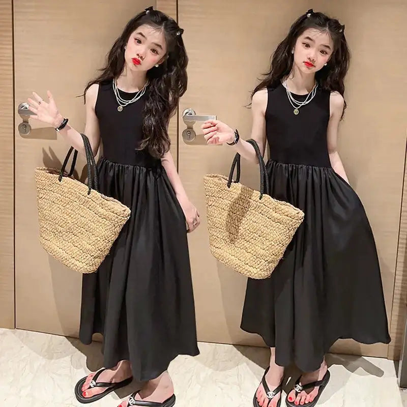 Girls Dresses 2024 New Fashionable Girls' Summer High End Black Solid Long Dress for Children's Summer Sleeveless Vest Dress - Lootquake