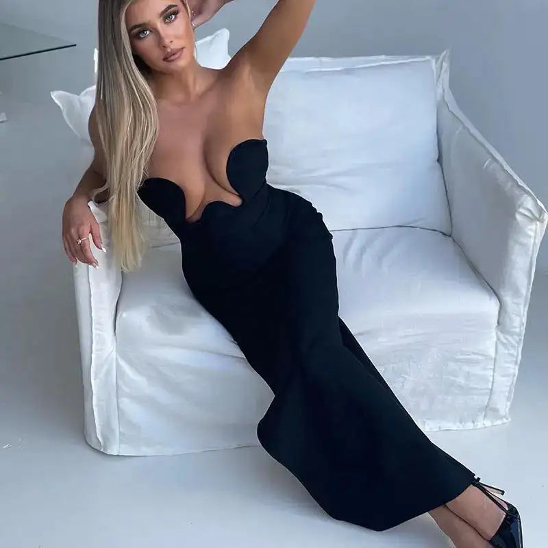 Women's Evening Dress Design Strapless Hollow Out Backless High Waist Side Slit Bodycon Sexy Women Party Club Long Dress - Lootquake