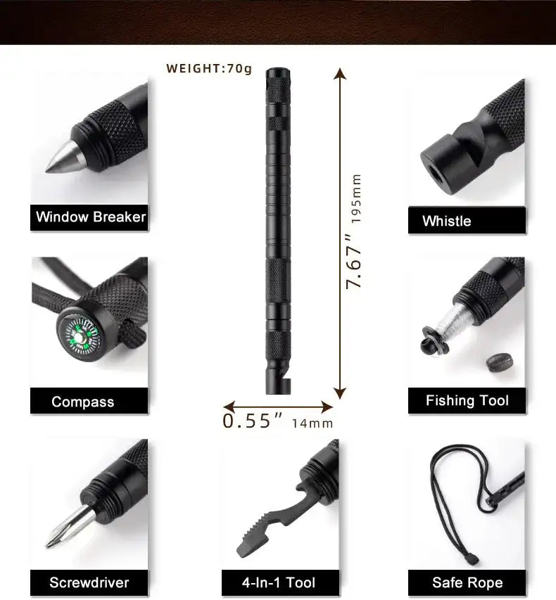 10-IN-1 Multi Function Portable Self Defense Pen Outdoor Survival Tool Fishing Whistle/Compass/Wrench/Screwdriver/Window Breaker - Lootquake