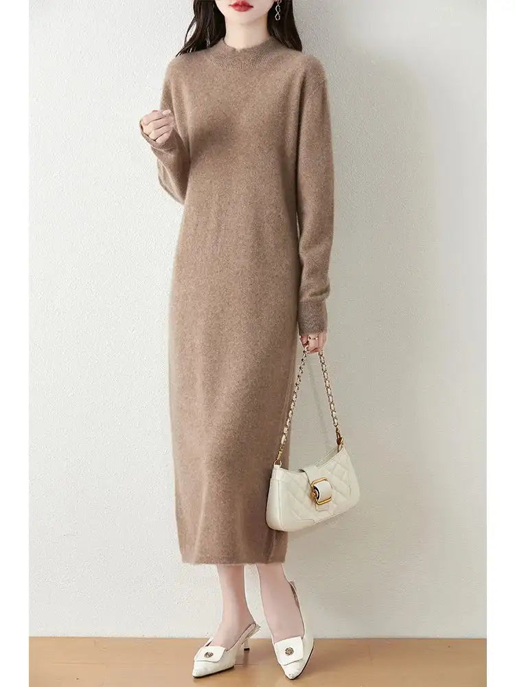 Autumn Winter Women's Wool Long Dress Cashmere Mock Neck Pullover Sweater 100% Merino Wool Soft Knitwear OL Simple Basic Dress - Lootquake