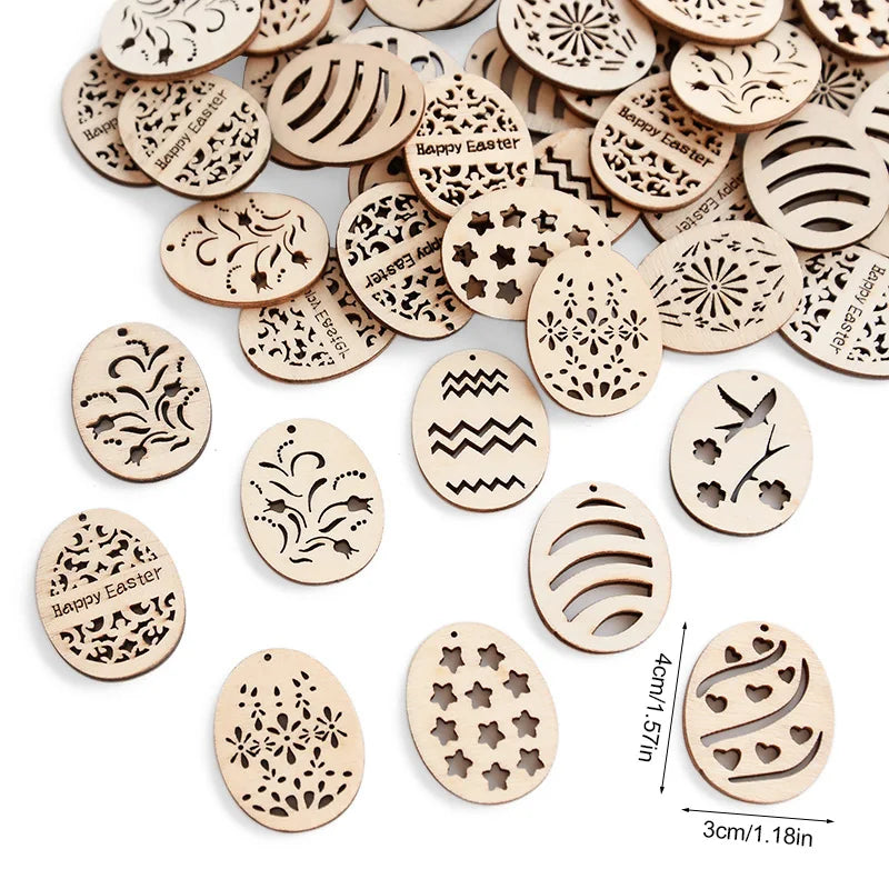 25/50Pcs Easter Eggs Wooden DIY Craft Hanging Ornaments Hollowed Wood Chips Happy Easter Party Decorations For Home Kids Gift - Lootquake
