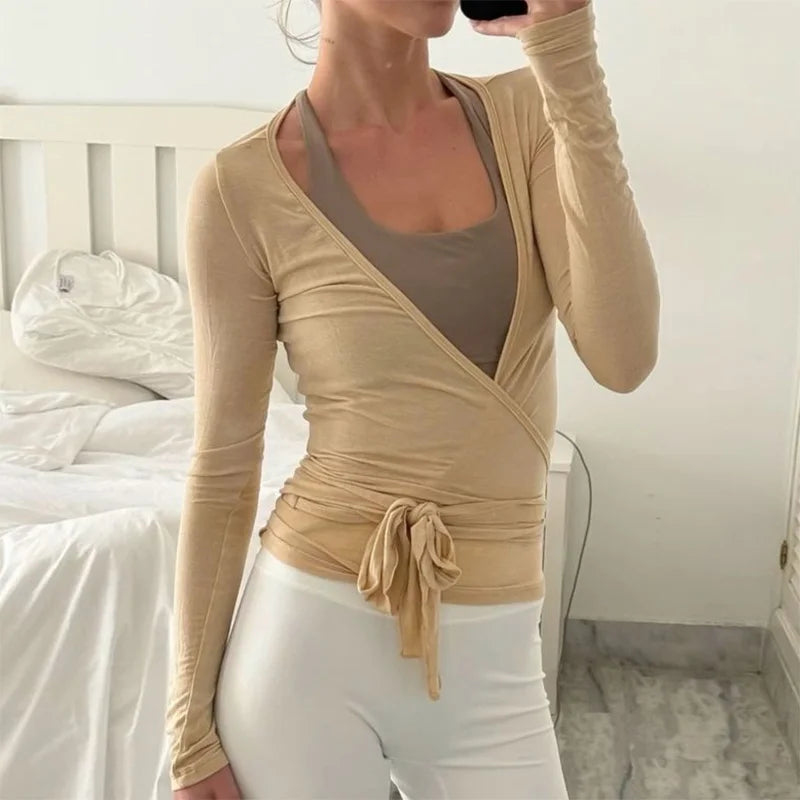Ladies Yoga Workout Blouses Tees Women Cross Wrap Tie Crop Tops Fashion Long Sleeve Deep V Neck Solid Color Slim Fit T-Shirts - Lootquake