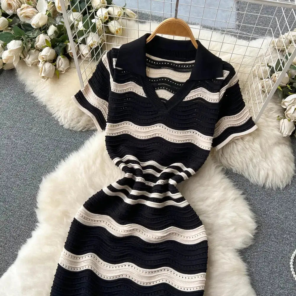 Short Sleeves Striped Long Dress Lapel Neck Hollow Out Slim Bodycon Sundress Fashion Hotsweet Knitted Beach Midi Dress - Lootquake
