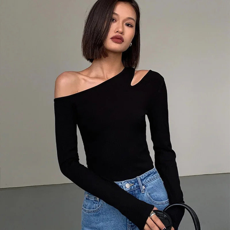 Fashion Skew Collar Off-shoulder Long-sleeved T-shirts Women Spring 2025 New Solid Slim Fit Crop Top Sexy Hollow Out Tees Shirts - Lootquake
