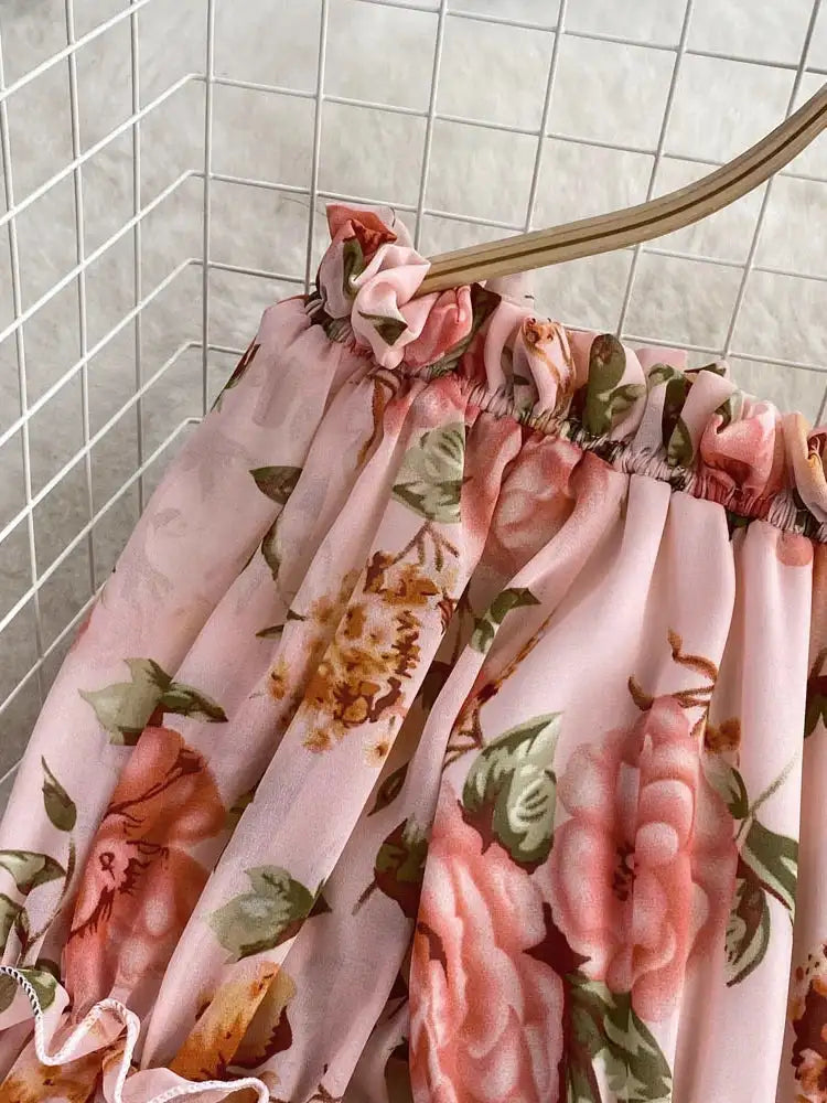 Summer New Off Shoulder Wrap Waist to Show Thin A-line Fragmented Cake Dress Women's Beach Vacation Chiffon Long Dress GD820 - Lootquake