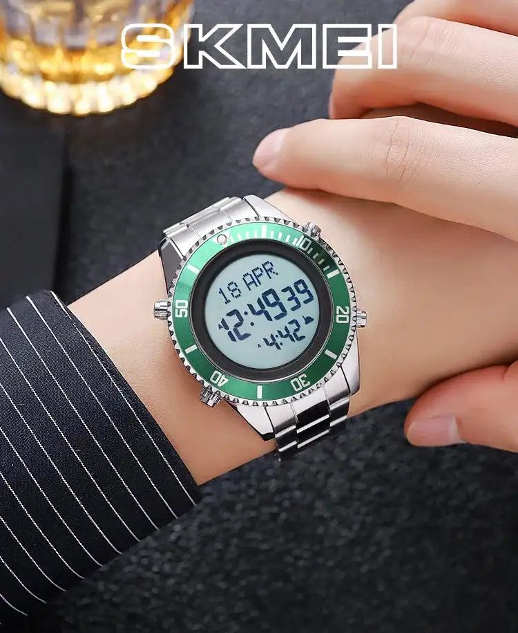 SKMEI 2141 Stainless Steel Digital Watche Muslim Azan Prayer Compass Clock Adhan Alarm Hijri Islamic Wristwatch with Back Light - Lootquake