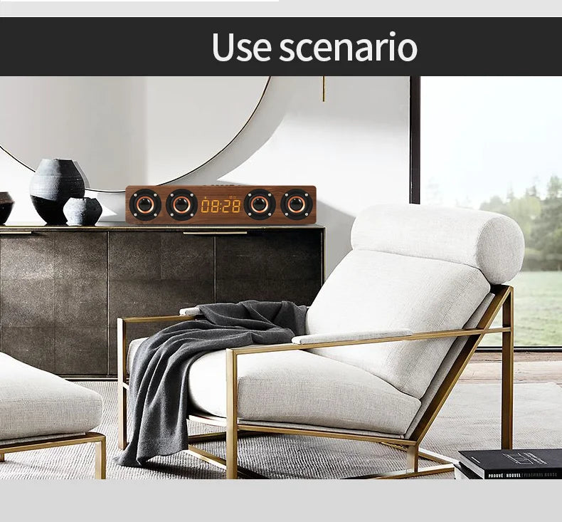 Altavoz Bluetooth de madera, portátil, inalámbrico, subwoofer, reloj, caja de sonido, ordenador de casa, barra de sonido de pared, estéreo HiFi, TF, AUX, disco U